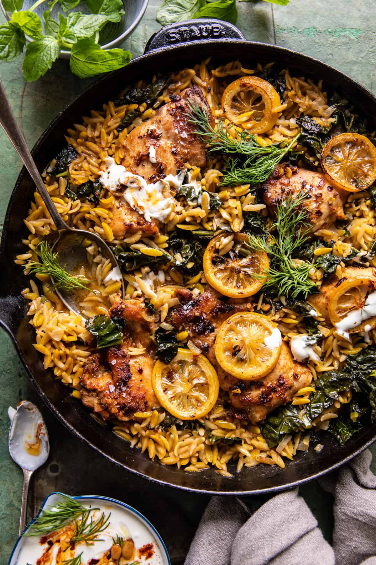 One Skillet Lemon Butter Dijon Chicken and Orzo with Feta Sauce.